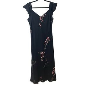 EVAN PICONE Y2K Black Floral Design Chiffon Shift Dress Ruffle Straps SZ 10 EUC
